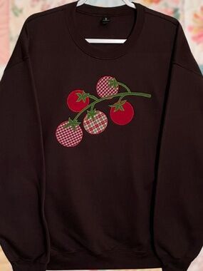 Tomato Patchwork Embroidered Chocolate Brown Large Gildan Crewneck Sweatshirt